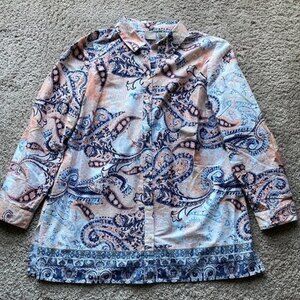 Chicos Paisley Button Front Long Sleeve Shirt Women’s Size Large Cotton Blue